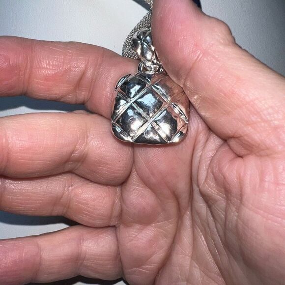 Silver Tone and Deep Navy Chunky Pendant Hook Closure Mesh Necklace - Picture 5 of 9